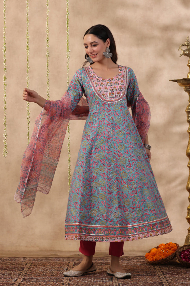 Shuddhi green and baby pink 2 piece kurta and duppatta set