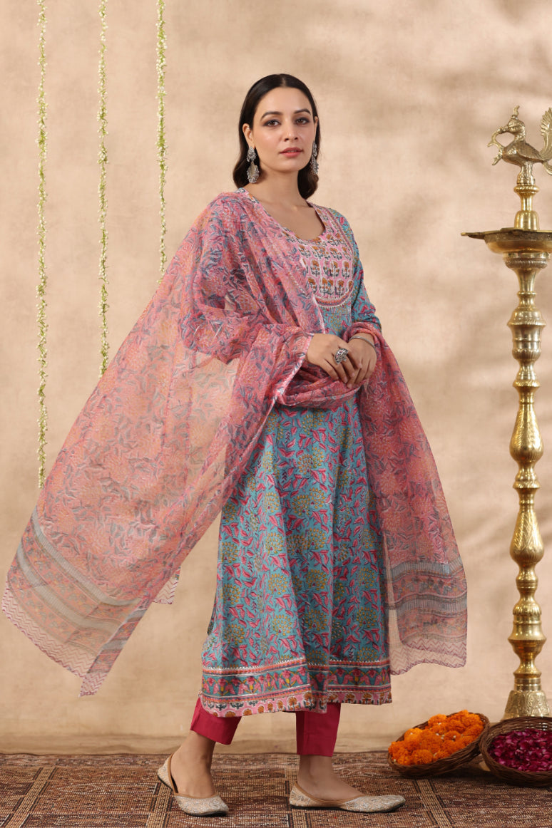 Shuddhi green and baby pink 2 piece kurta and duppatta set