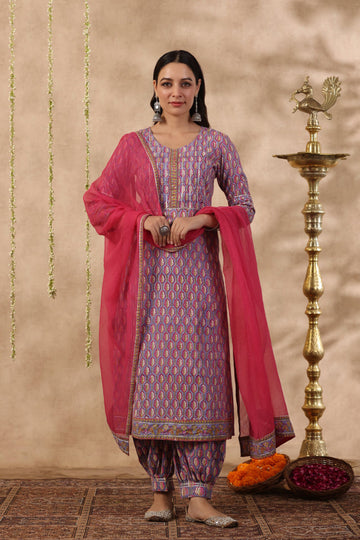 Shuddhi purple and red 3 piece kurta set
