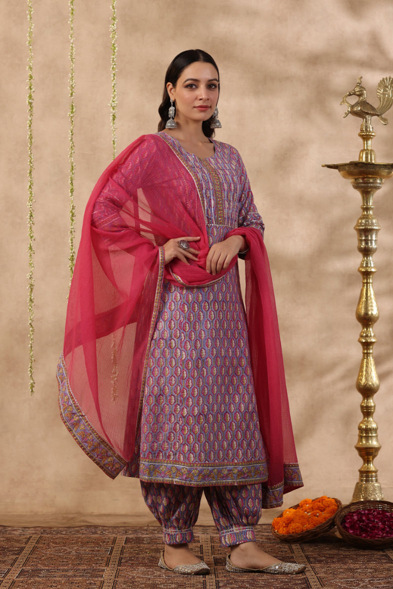Shuddhi purple and red 3 piece kurta set