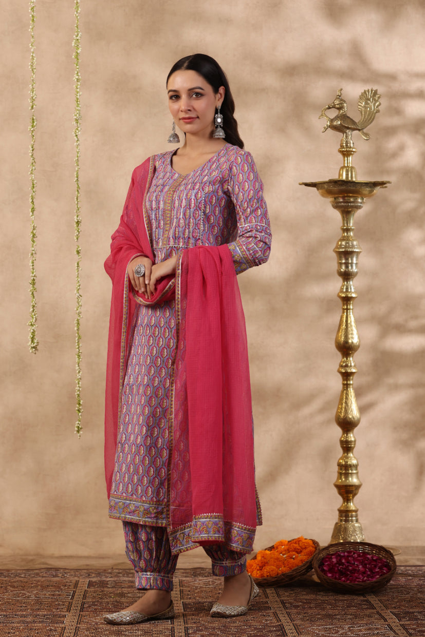 Shuddhi purple and red 3 piece kurta set