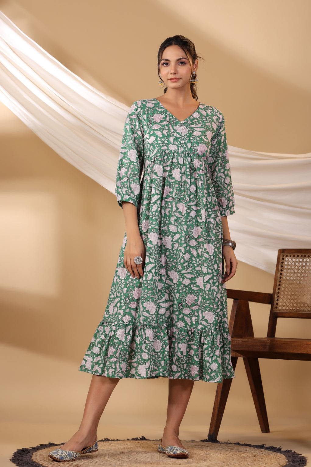 Forest Green Button Down Tier Dress
