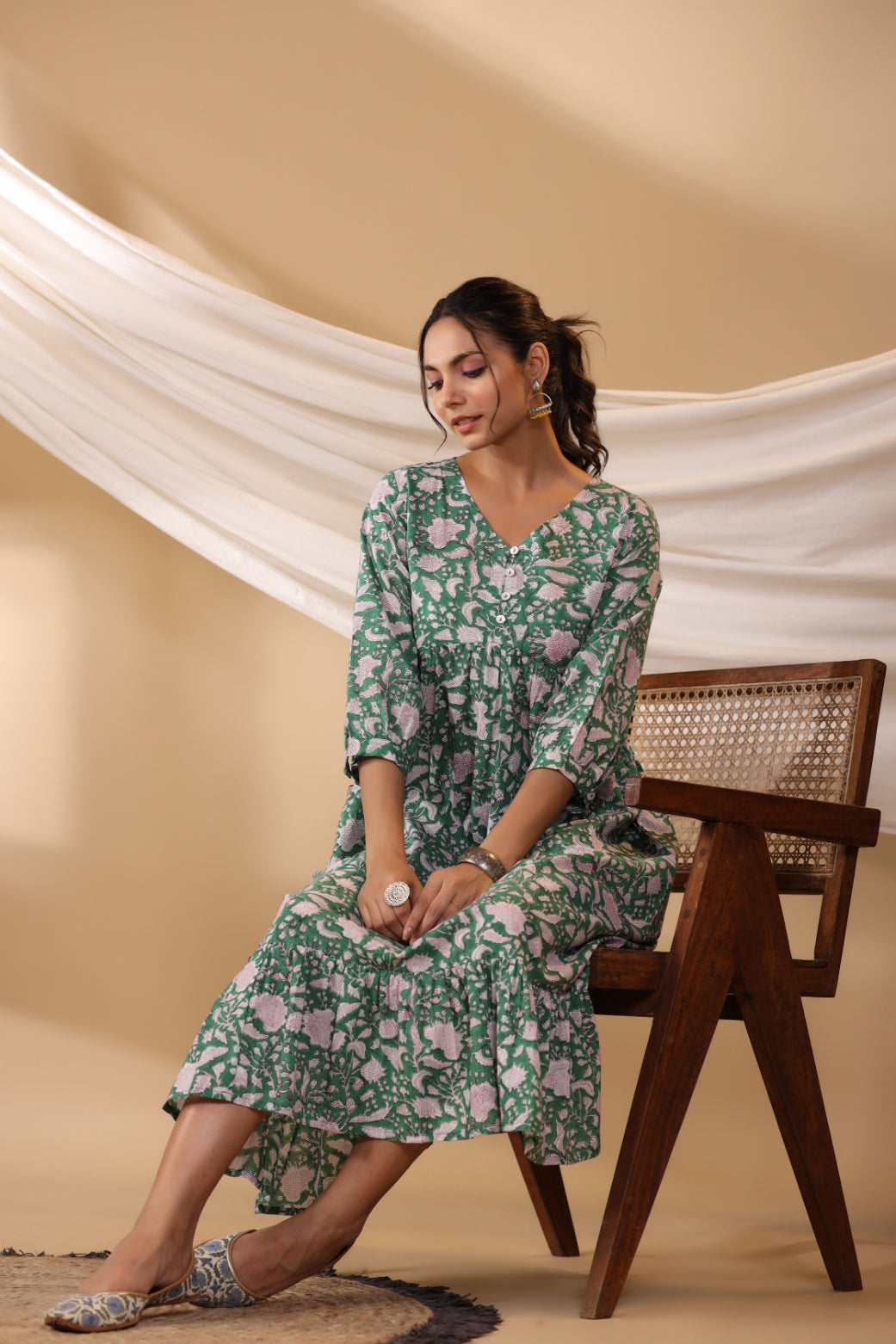 Forest Green Button Down Tier Dress