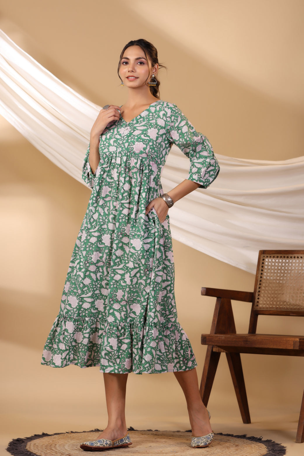 Forest Green Button Down Tier Dress