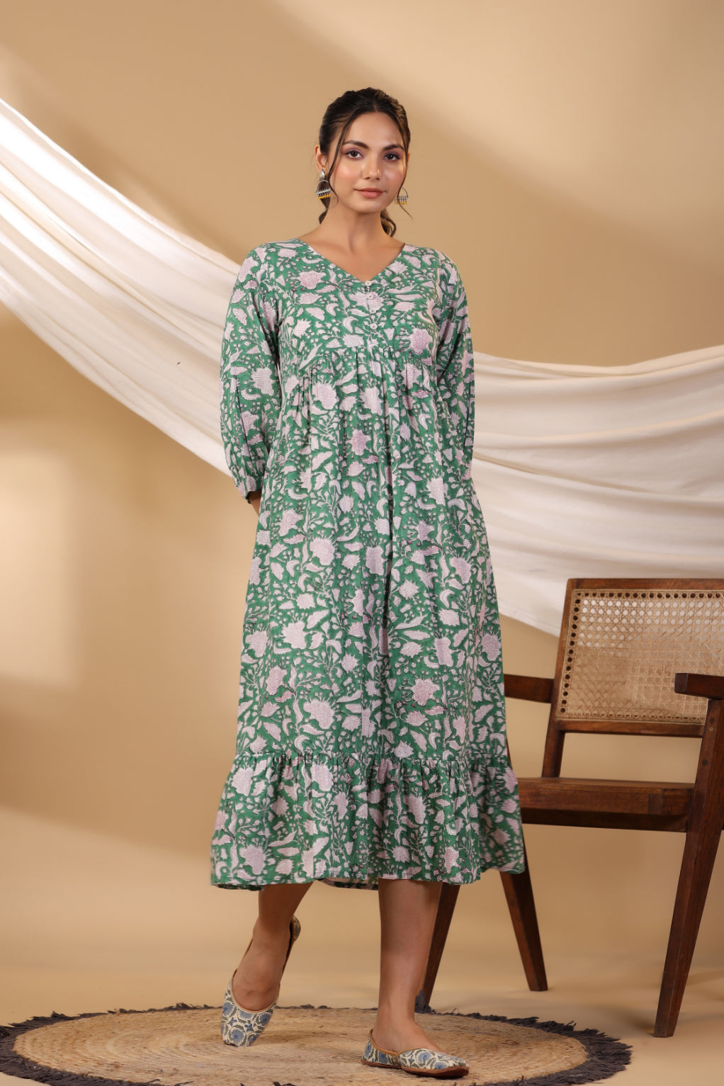 Forest Green Button Down Tier Dress