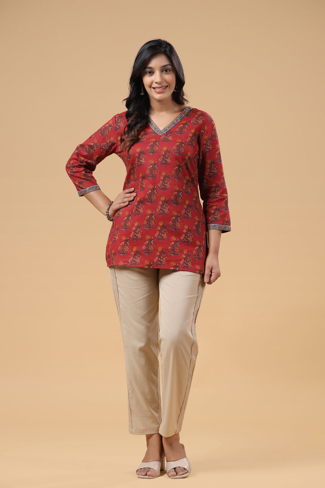 Red Cotton Floral Printed Top