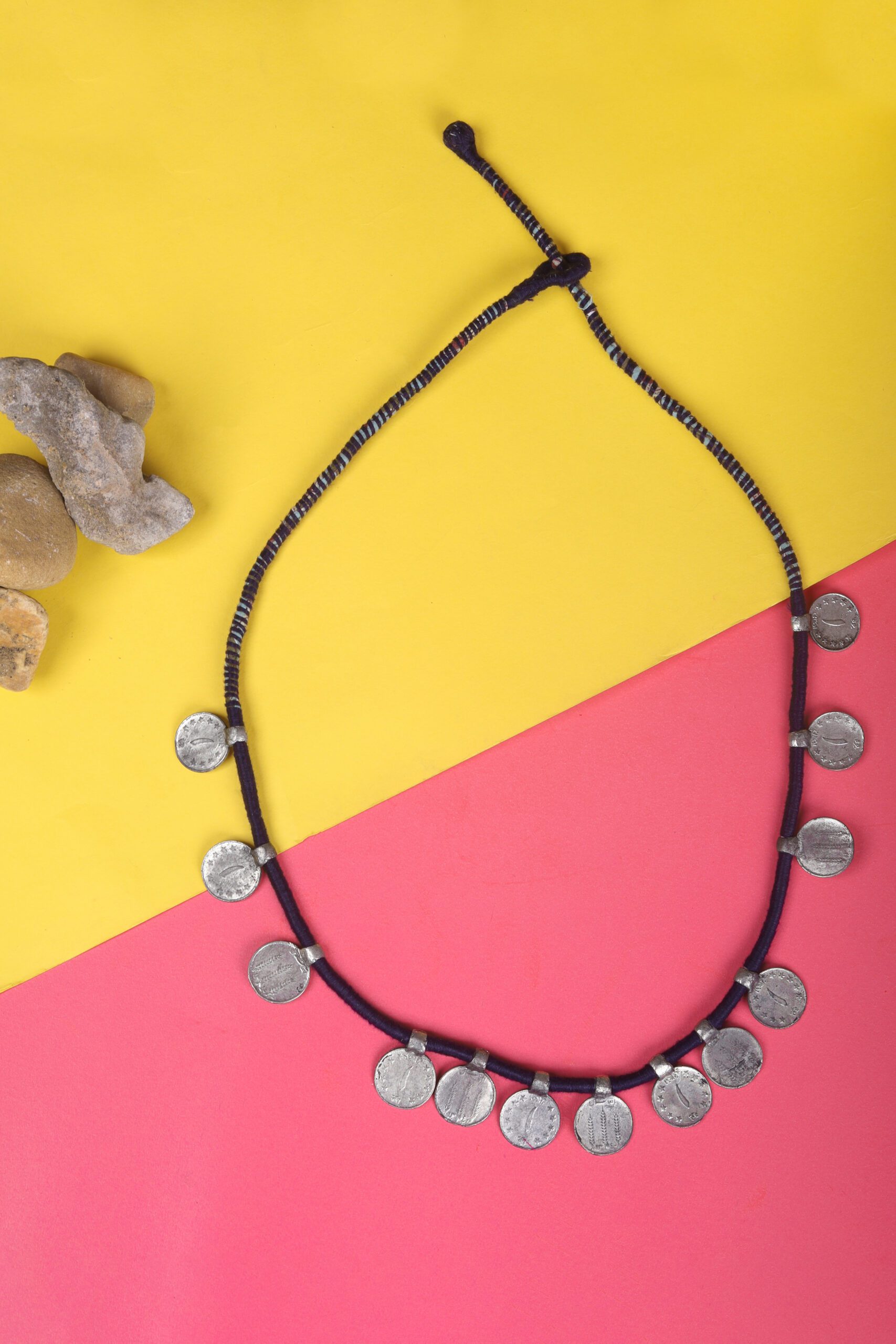 Denim Blue With Antique Coin Thread Maala
