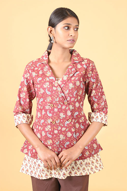 Shuddhi Amber Red with Ice Blue Handblock Printed Double Top