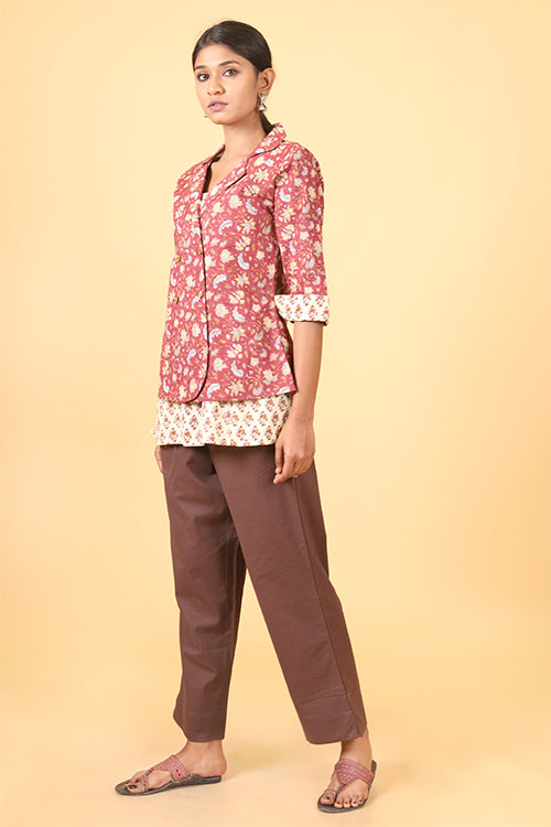 Shuddhi Amber Red with Ice Blue Handblock Printed Double Top