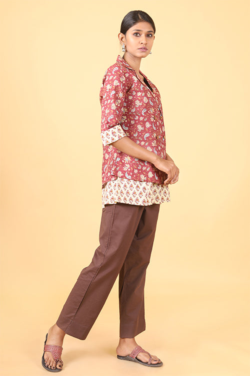 Shuddhi Amber Red with Ice Blue Handblock Printed Double Top