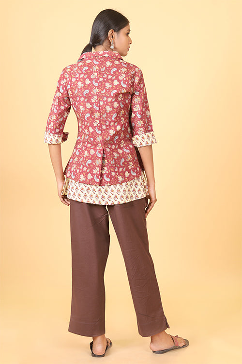 Shuddhi Amber Red with Ice Blue Handblock Printed Double Top