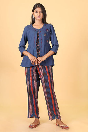 Shuddhi Indigo and brick red handblock printed double top