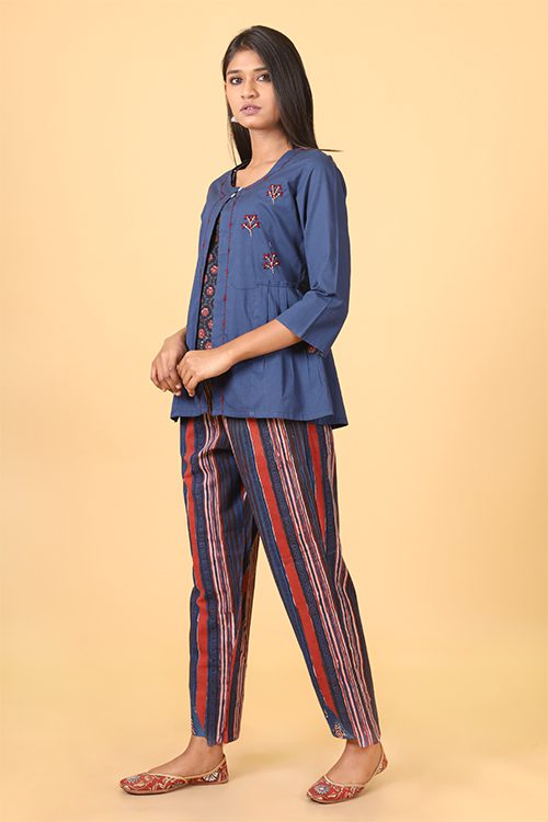 Shuddhi Indigo and brick red handblock printed double top