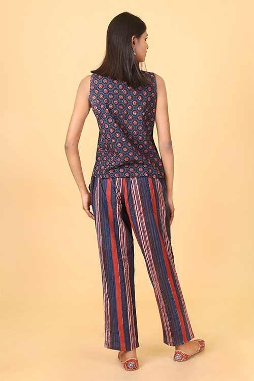 Shuddhi Indigo and brick red handblock printed double top