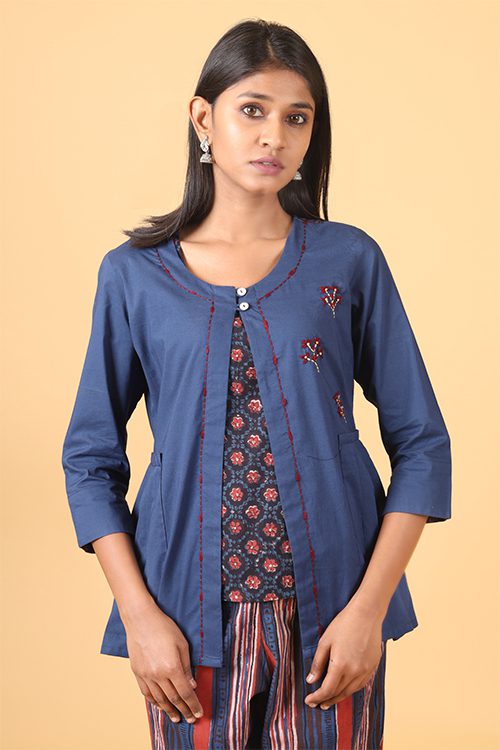 Shuddhi Indigo and brick red handblock printed double top