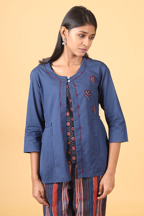 Shuddhi Indigo and brick red handblock printed double top
