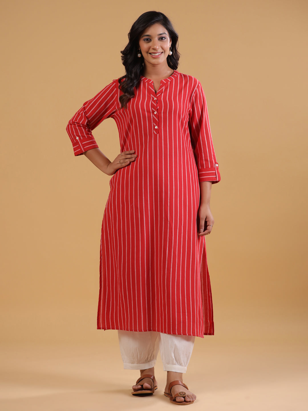 Red Yarn Dyed Mandarin Collar Kurta