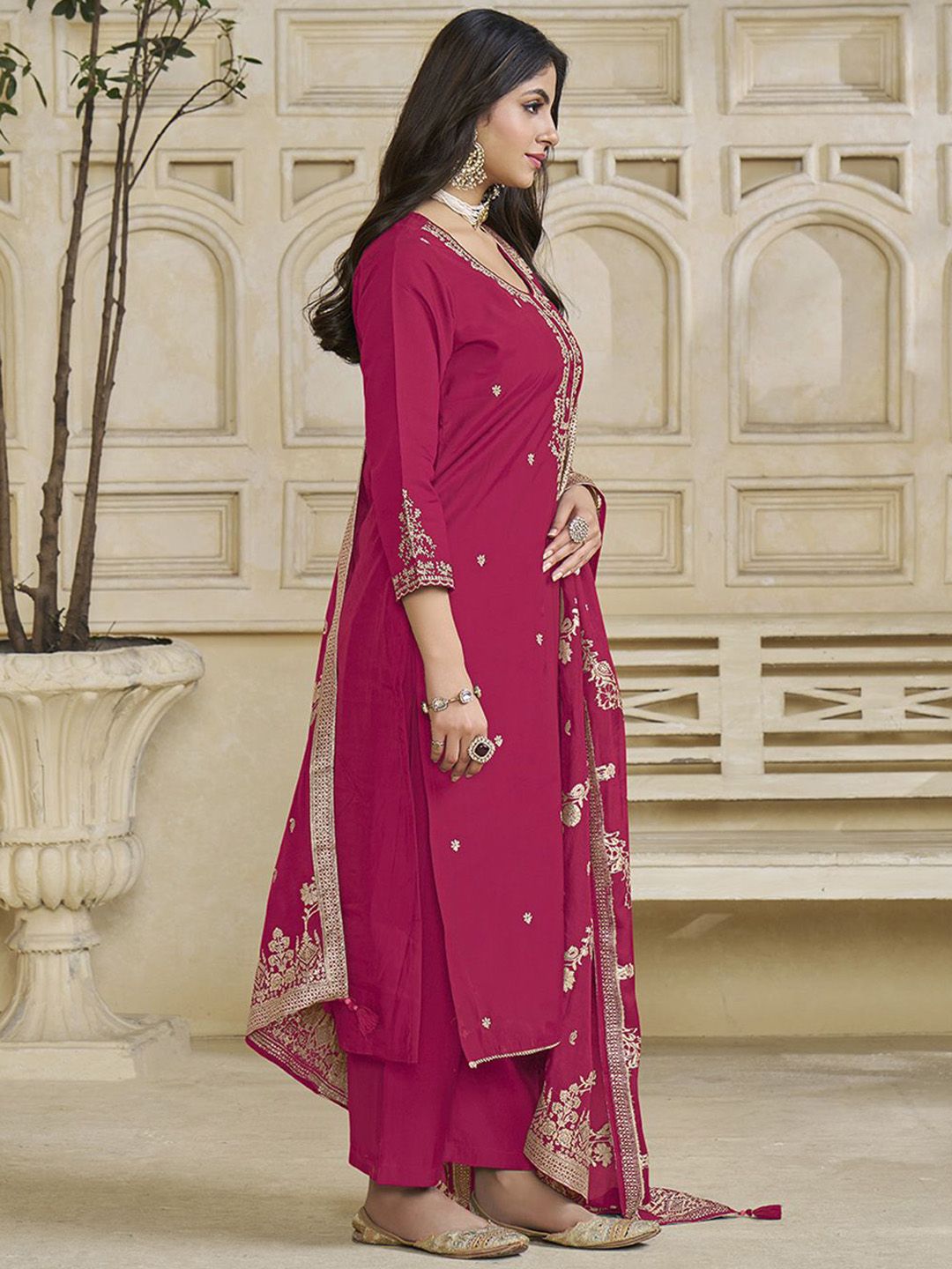 Label Khoj Women Roman Silk Embroidery  Work Rani Color Kurta & Bottom With Dupatta  Set