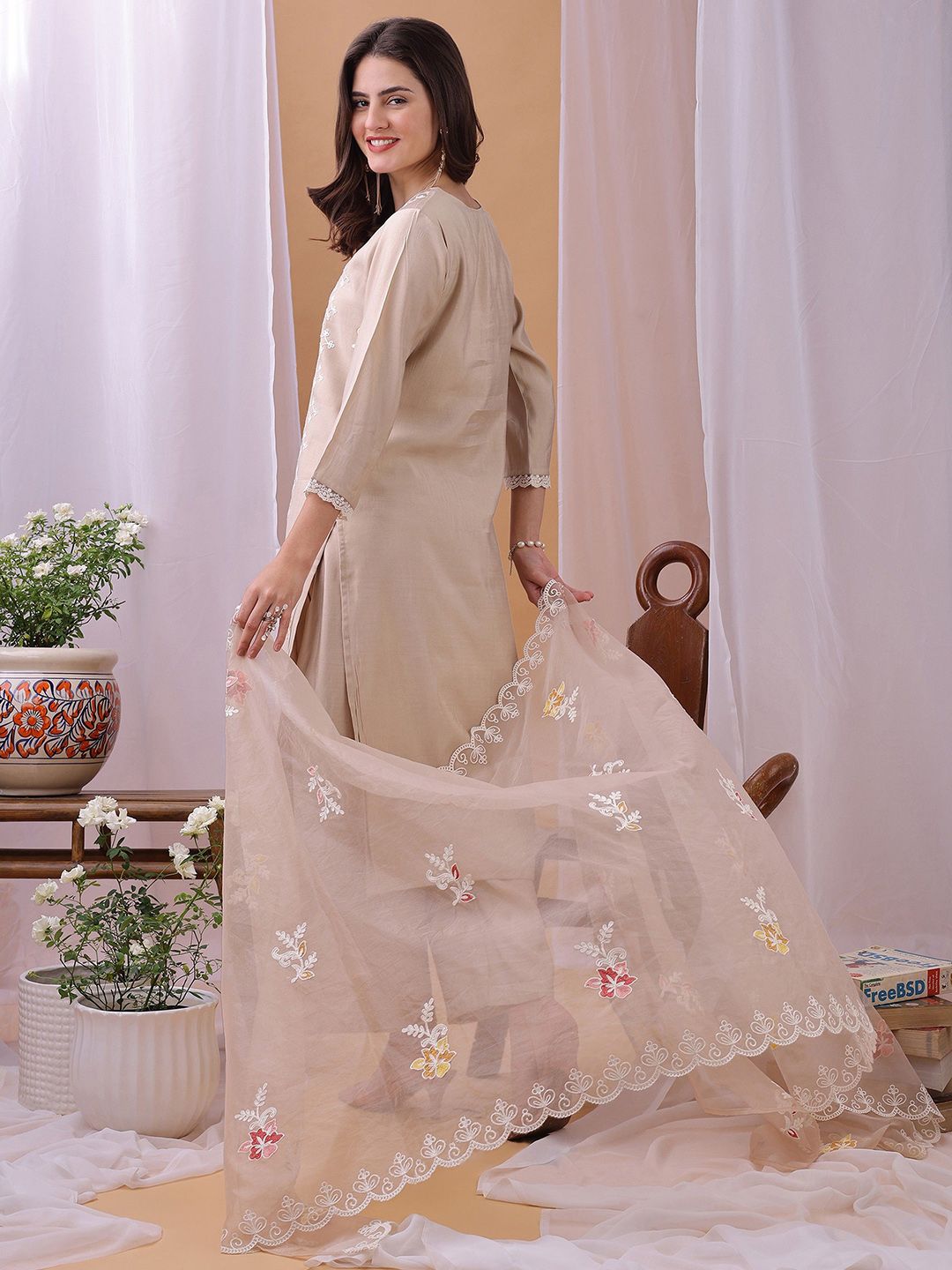 Label Khoj Women's Peach Silk Blend Thread Work Kurta with Pant and Peach Dupatta