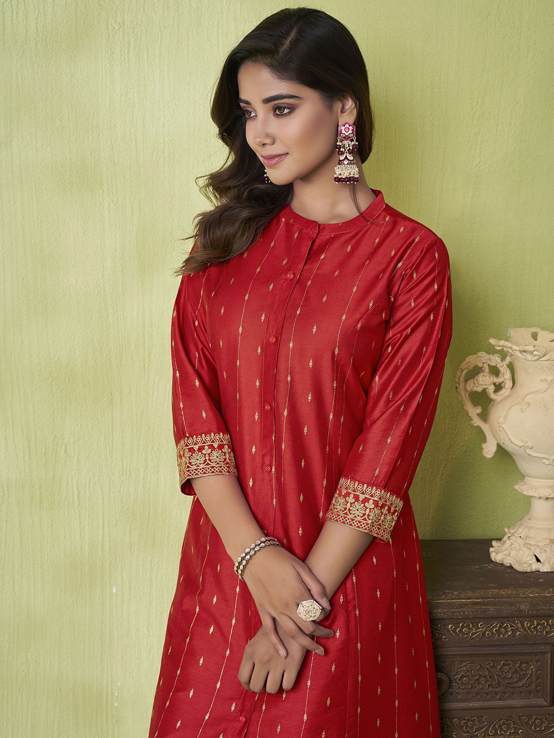 Label Khoj Women Cotton Slub Embroidery , Foil Print Work Red Color Kurta & Bottom Set