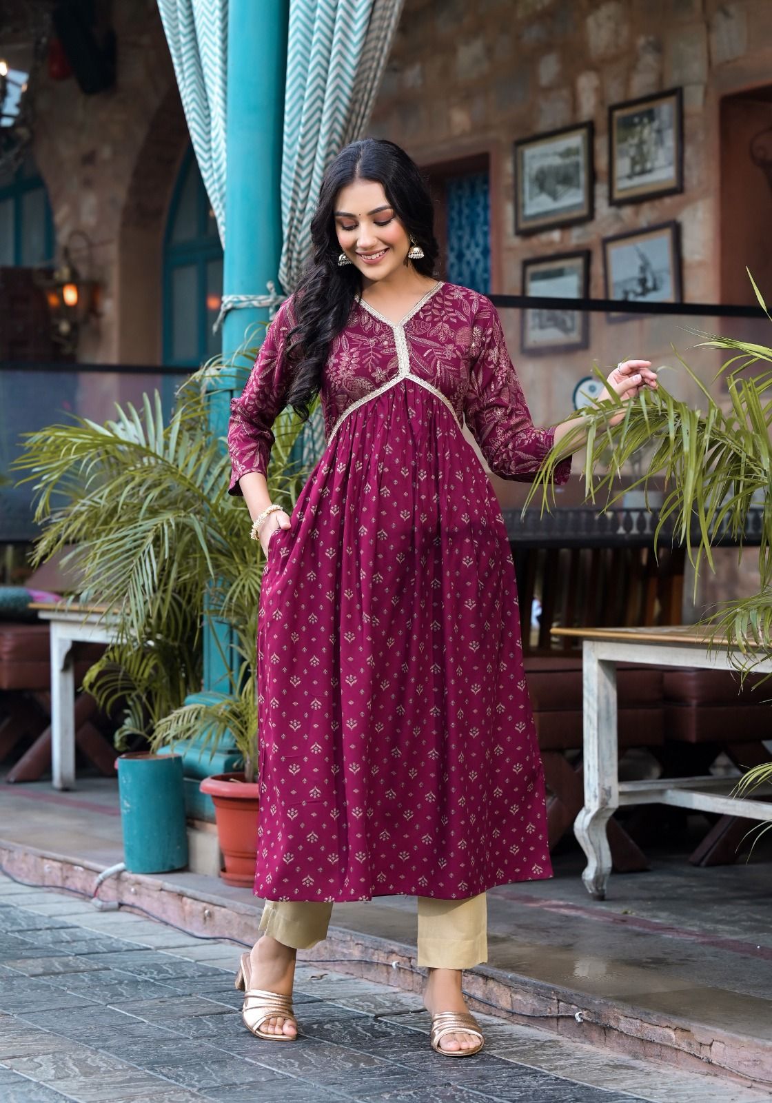 Label Khoj Women Rayon print A line Alia kurta with Pocket