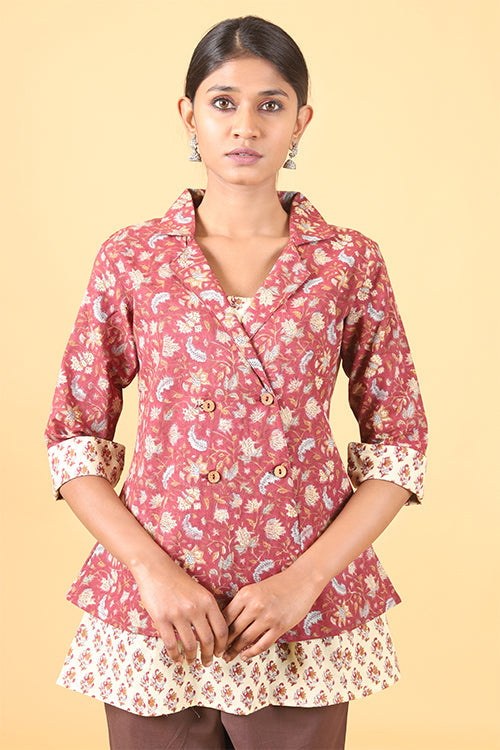 Shuddhi Amber Red with Ice Blue Handblock Printed Double Top