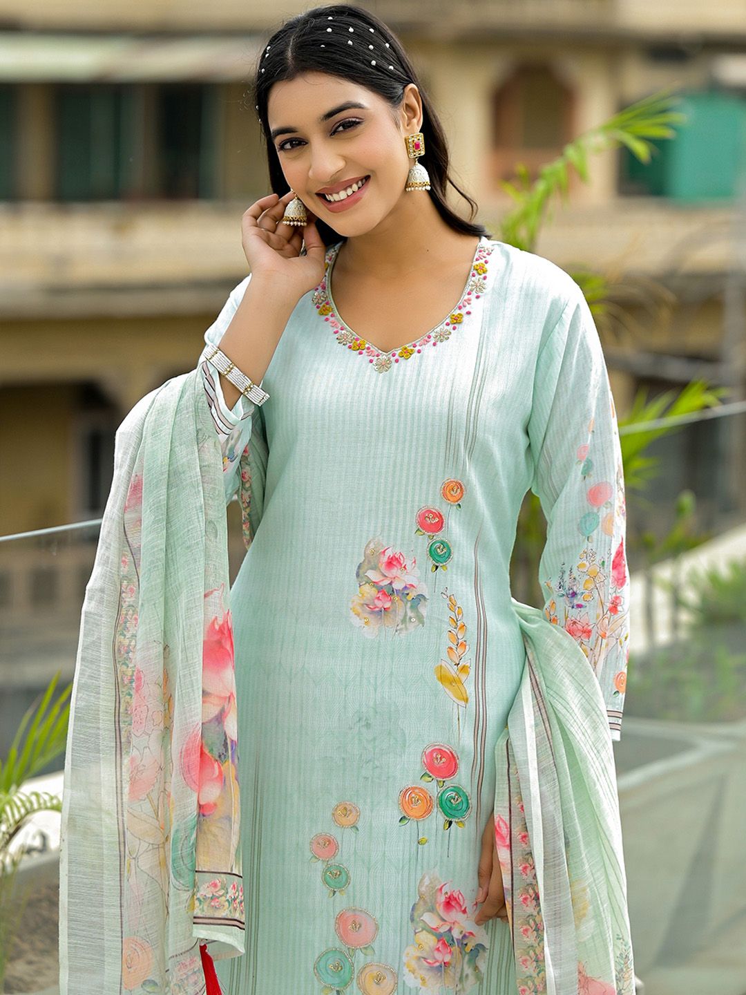Label Khoj Women Lilen Print Kurta, Trouser And Dupptta Set Linen Green Color