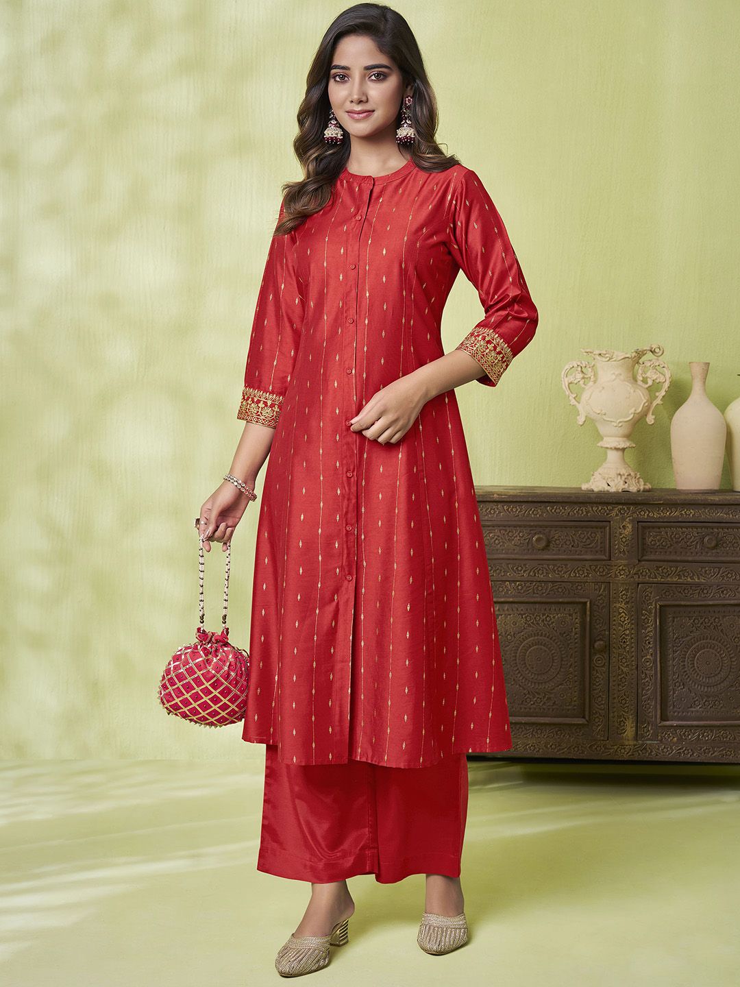 Label Khoj Women Cotton Slub Embroidery , Foil Print Work Red Color Kurta & Bottom Set