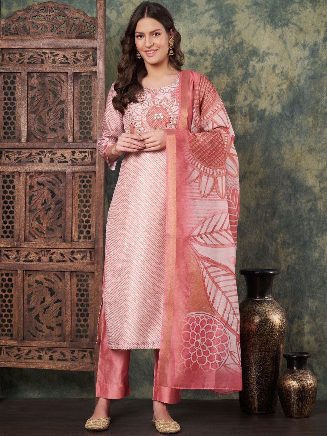 Label Khoj Women's Peach Chanderi Embroidered Kurta with Pant and Peach Dupatta