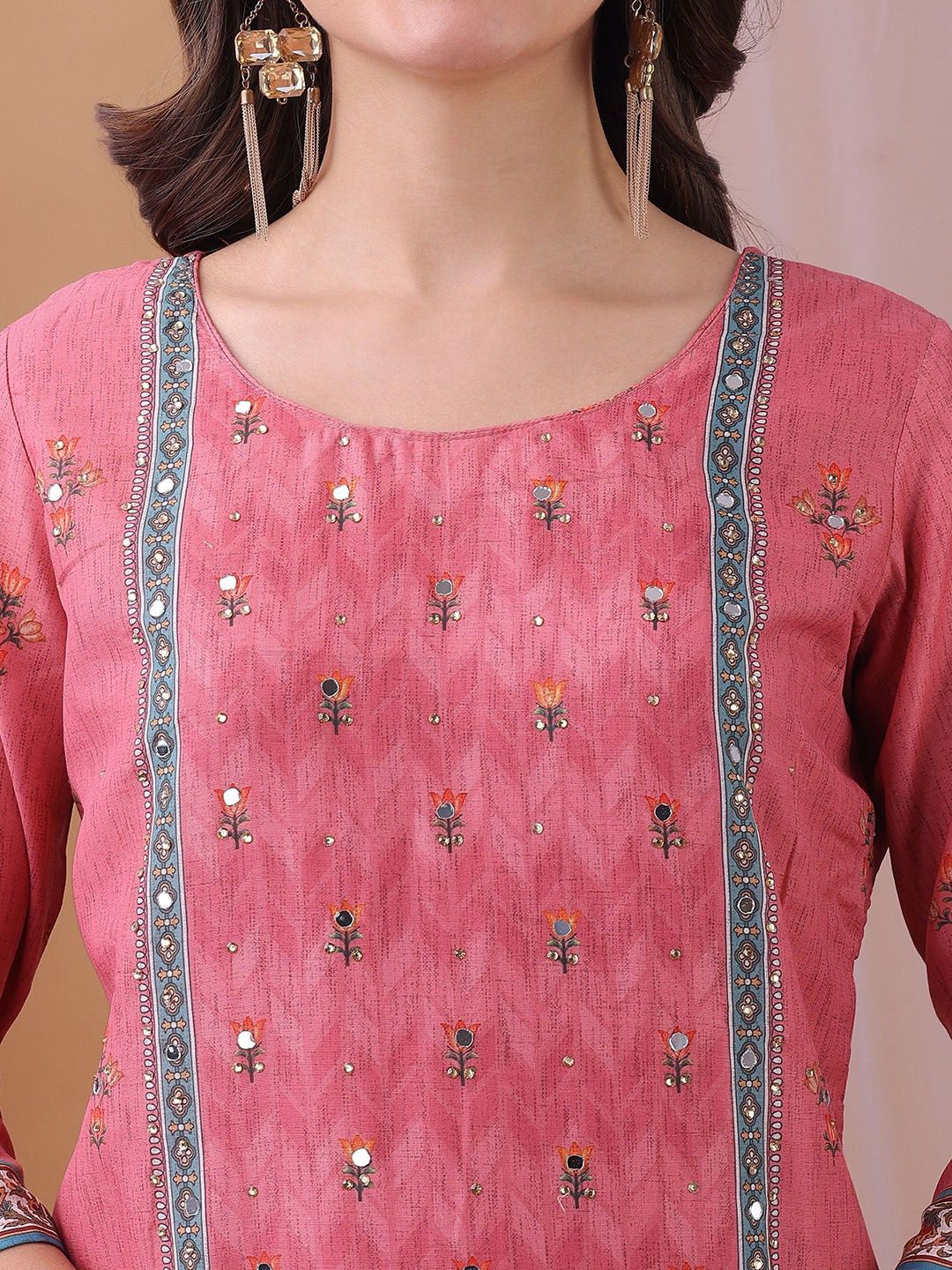 Label Khoj Women's Pink Silk Blend Handwork Kurta with Pant and Pink Dupatta