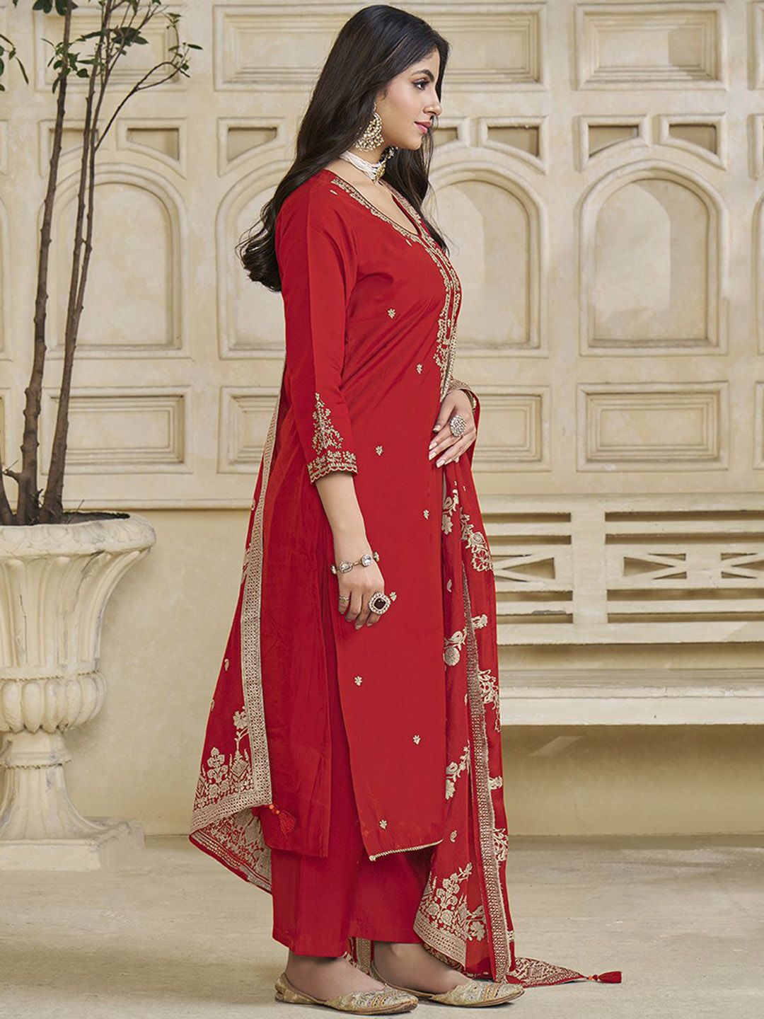 Label Khoj Women Roman Silk Embroidery  Work Red Color Kurta & Bottom With Dupatta  Set