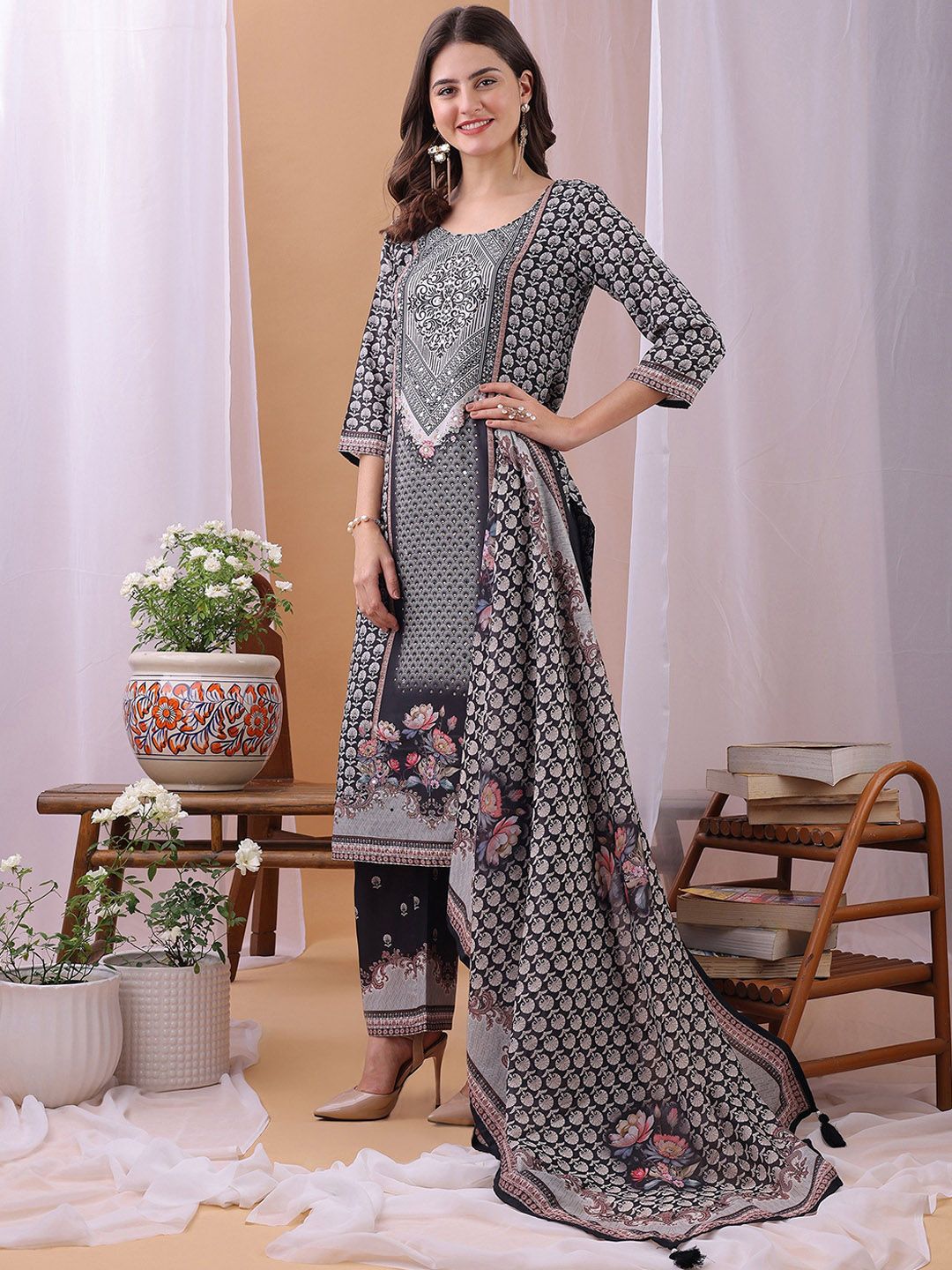Label Khoj Women's Black Silk Blend Handwork Kurta with Pant and Black Dupatta