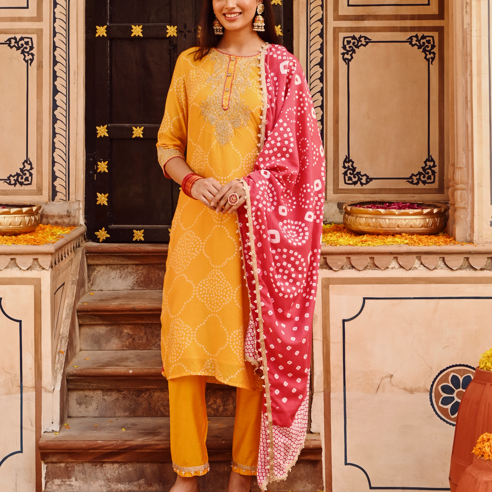 Yellow Chanderi Embroidered Kurta Set With Dupatta