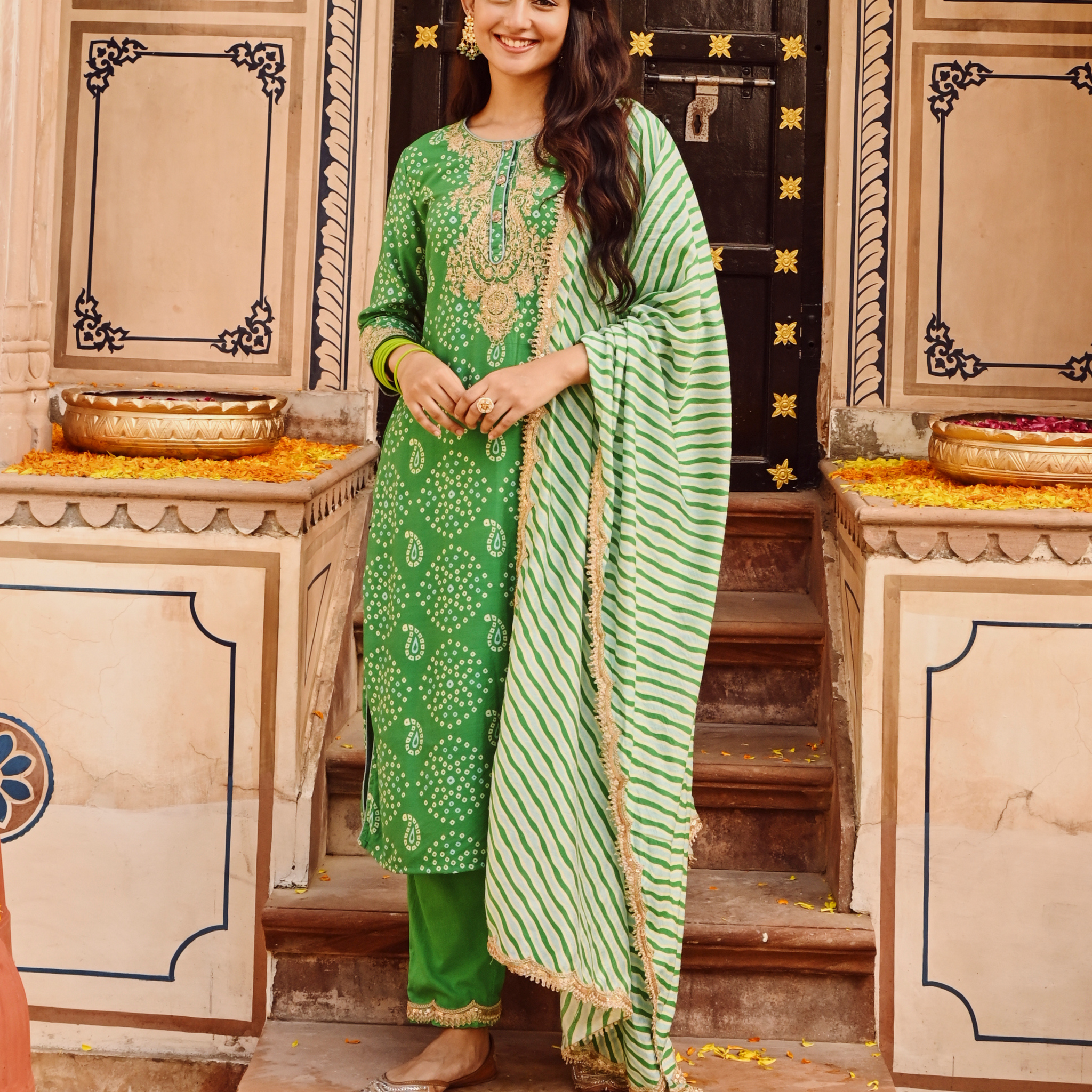 Green Chanderi Embroidered Kurta Pant Set With Dupatta