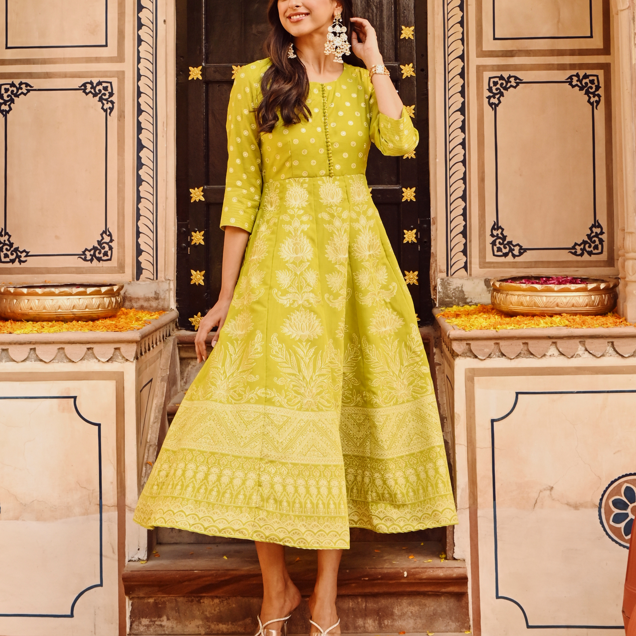 Green Printed Flared Designer Anarkali Festive Dress