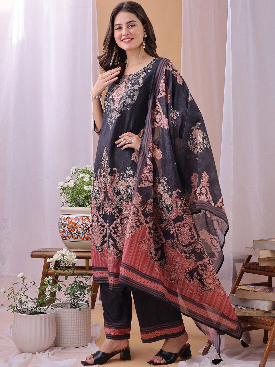 Label Khoj Women's Dark Grey Silk Blend Handwork Kurta with Pant and Dark Grey Dupatta