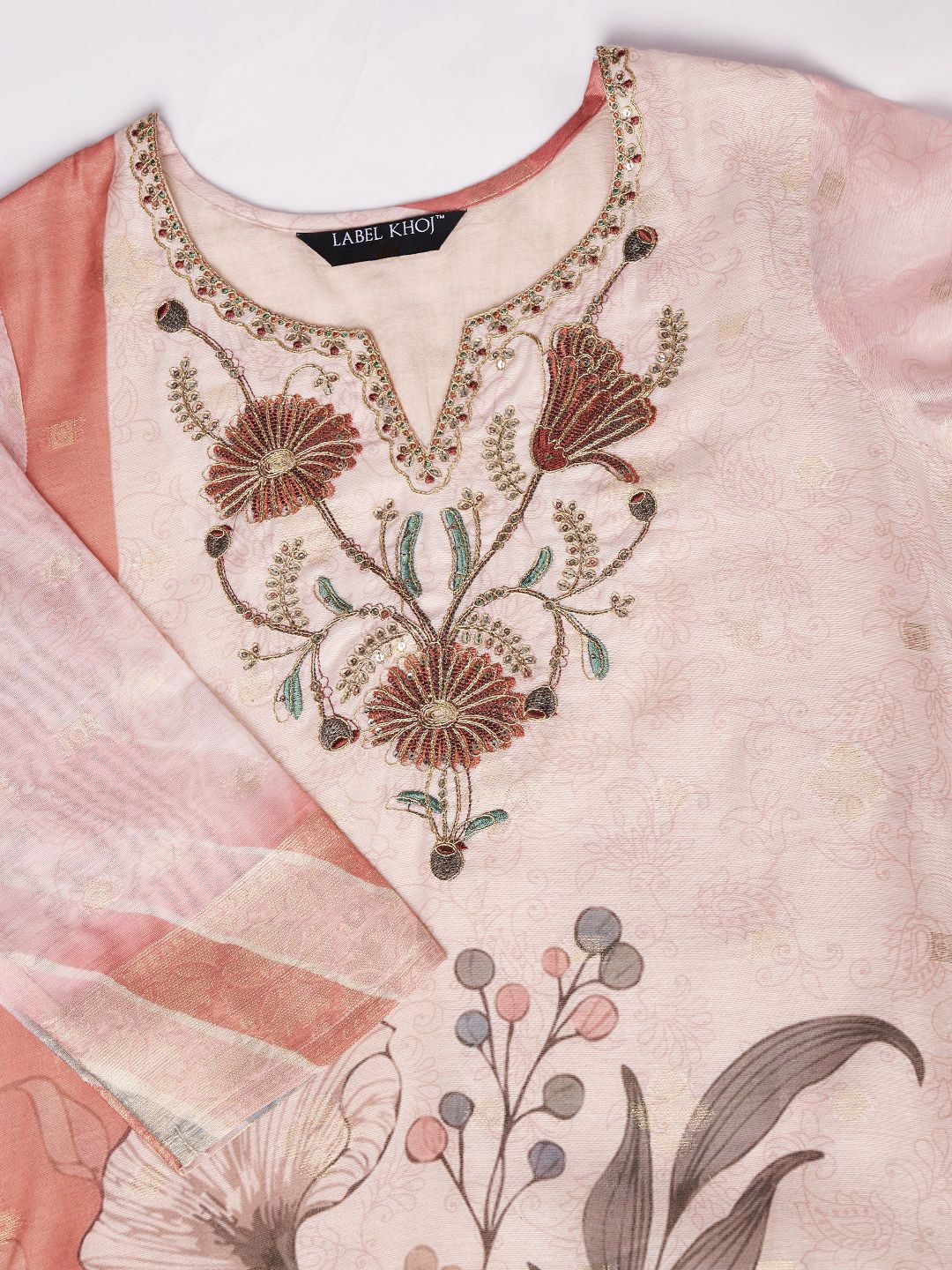 Label Khoj Women Silk Jacqured  Embroidery  Work Peach Color Kurta & Bottom With Dupatta  Set