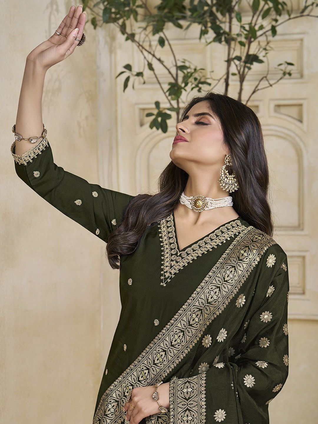 Label Khoj Women Roman Silk Embroidery  Work Mehndi Color Kurta & Bottom With Dupatta  Set
