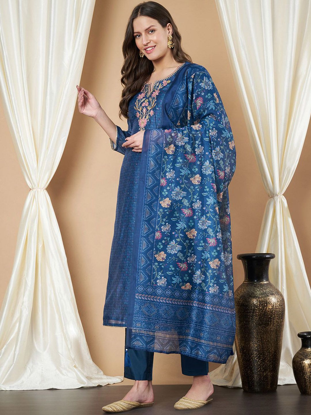 Label Khoj Women's Blue Chanderi Embroidered Kurta with Pant and Blue Dupatta