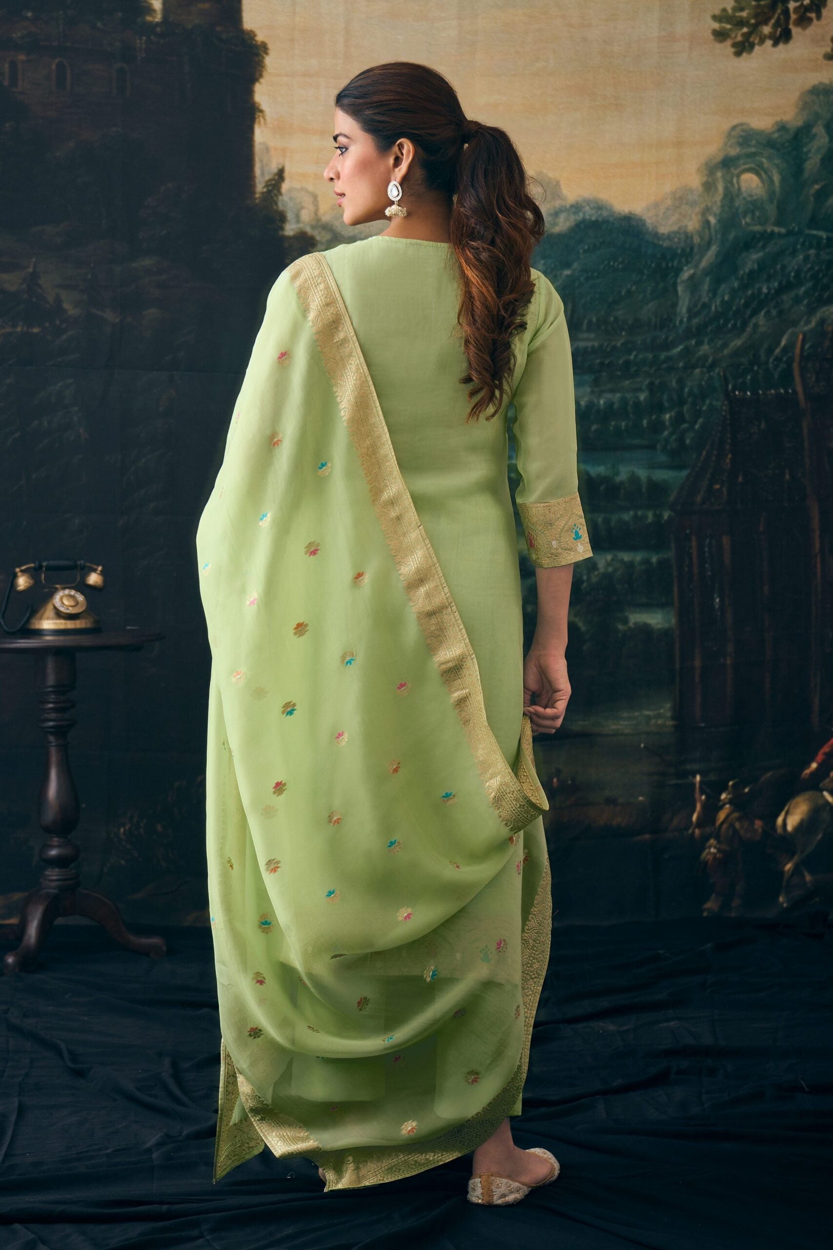 Label khoj Women pure jacquard kurta, trouser and dupptta set