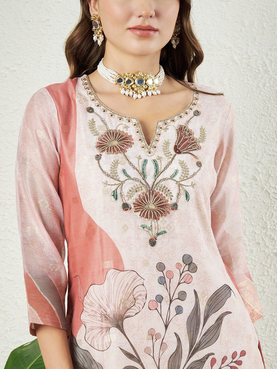 Label Khoj Women Silk Jacqured  Embroidery  Work Peach Color Kurta & Bottom With Dupatta  Set