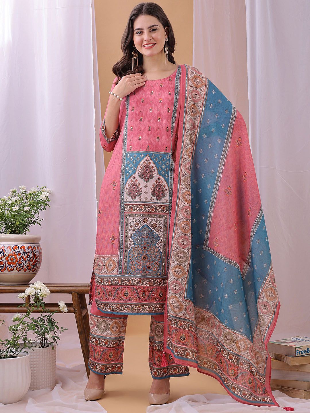 Label Khoj Women's Pink Silk Blend Handwork Kurta with Pant and Pink Dupatta