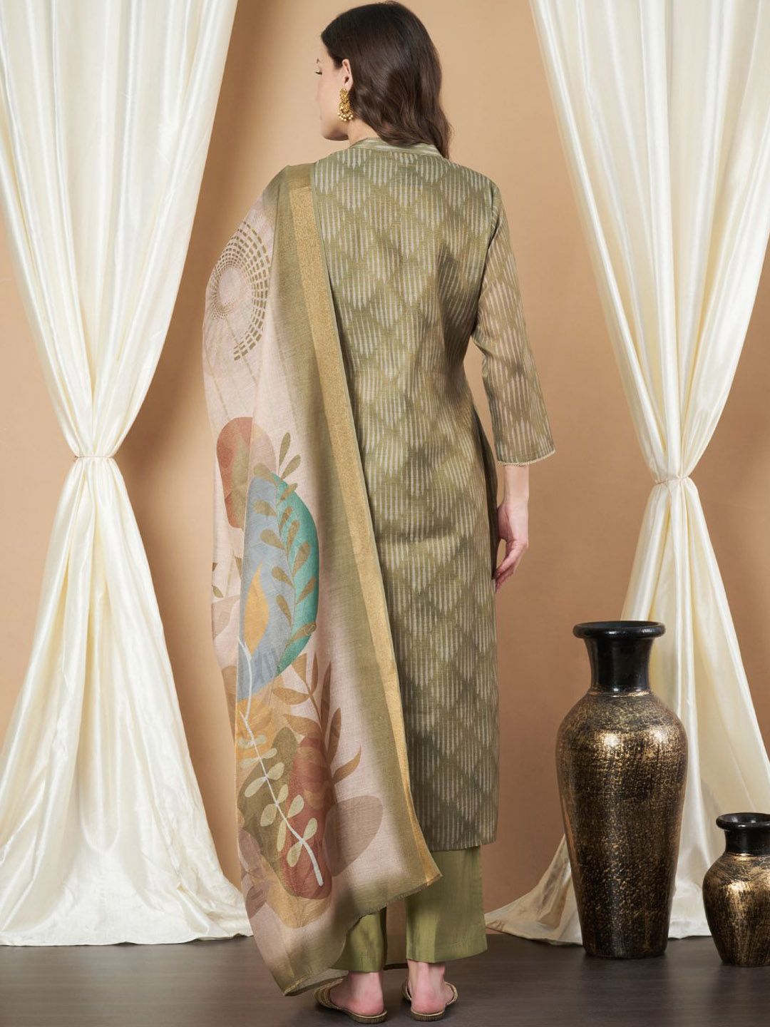Label Khoj Women's Green Chanderi Button Embellished Kurta with Pant and Green Dupatta