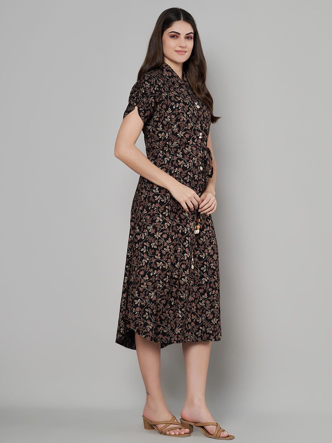 Label Khoj Women's Black Rayon Printed Midi Dress