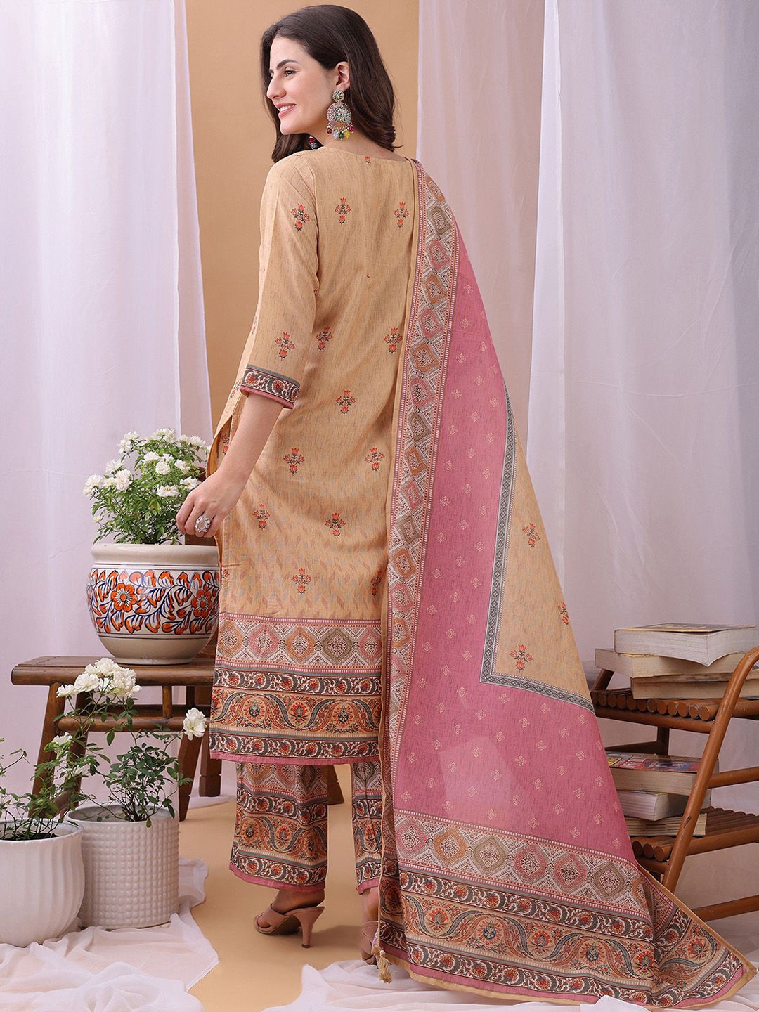 Label Khoj Women's Beige Silk Blend Handwork Kurta with Pant and Beige Dupatta