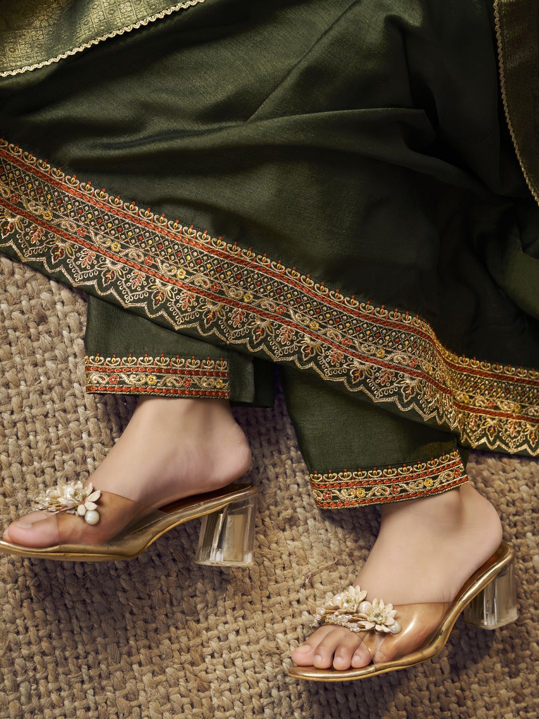 Label khoj Beautiful Anarkali kurta With Pant and Dupatta Set mahndi Color