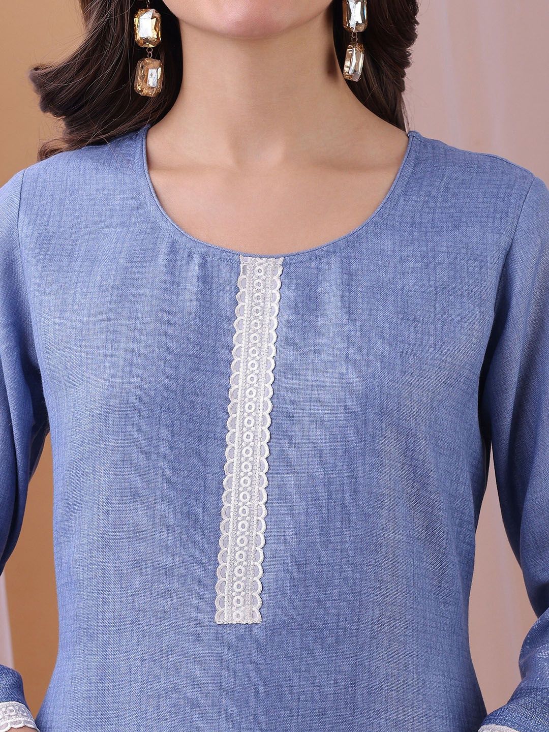 Label Khoj Women's Blue Linen Digital Printed With Stone Work Kurta with Pant and Blue Dupatta