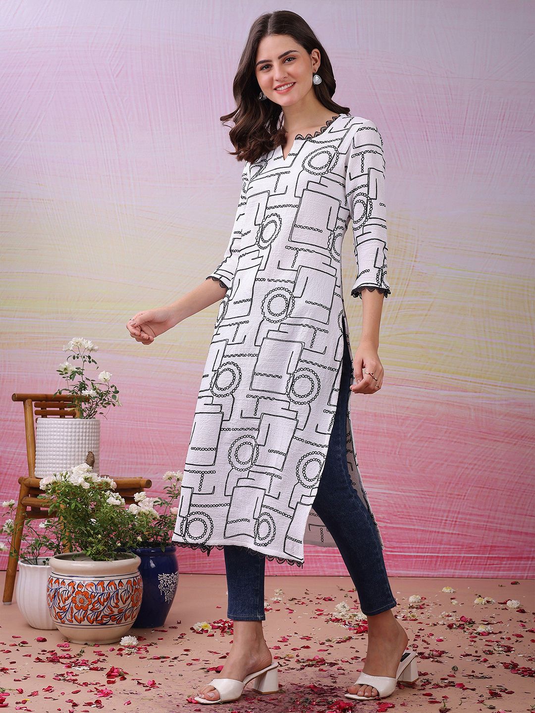 Label Khoj Women's White Polyester Embroidered Kurta