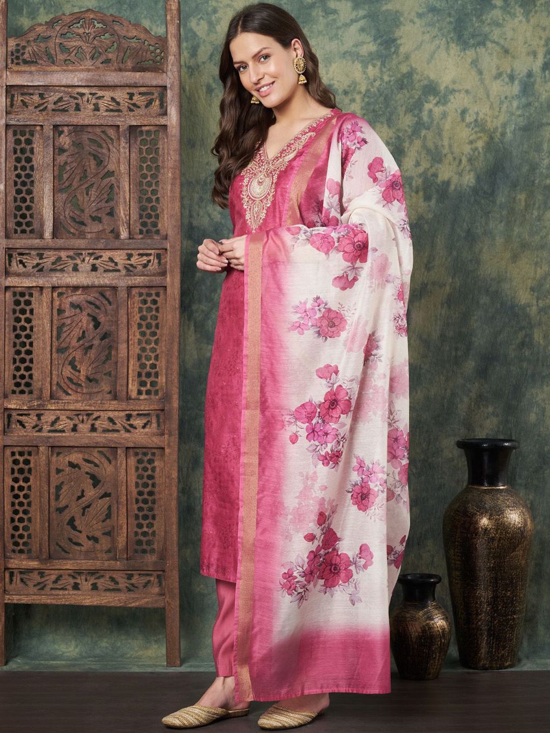 Label Khoj Women's Gajari Chanderi Embroidered Kurta with Pant and Gajari Dupatta
