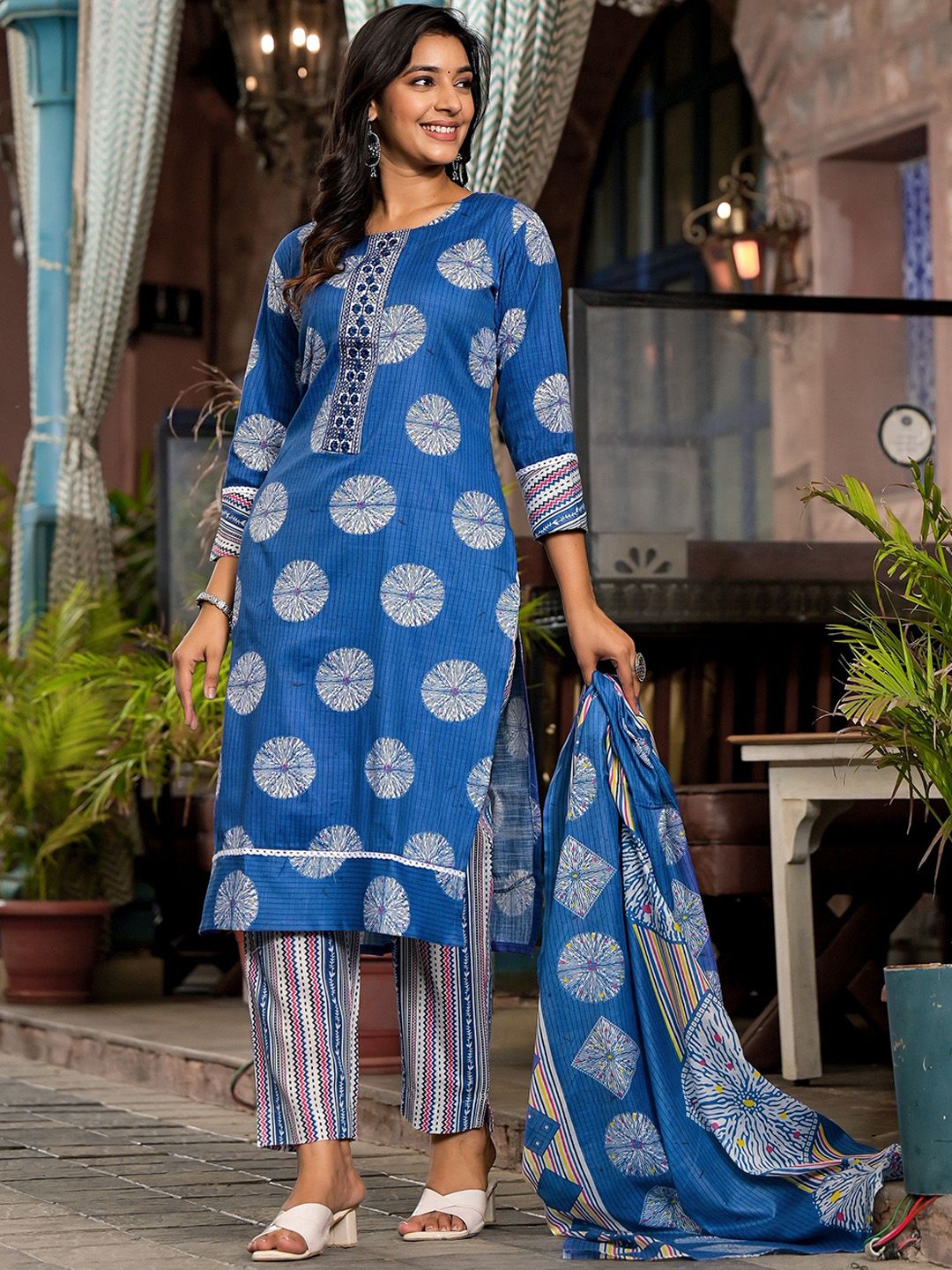 Label Khoj Women Cotton Printed Kurta And Trouser With Dupptta Set Cotton Blue Color